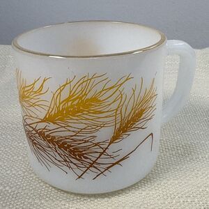 Vintage MCM Federal Glass Wheat Pattern Gold Rim Mugs Milk Glass